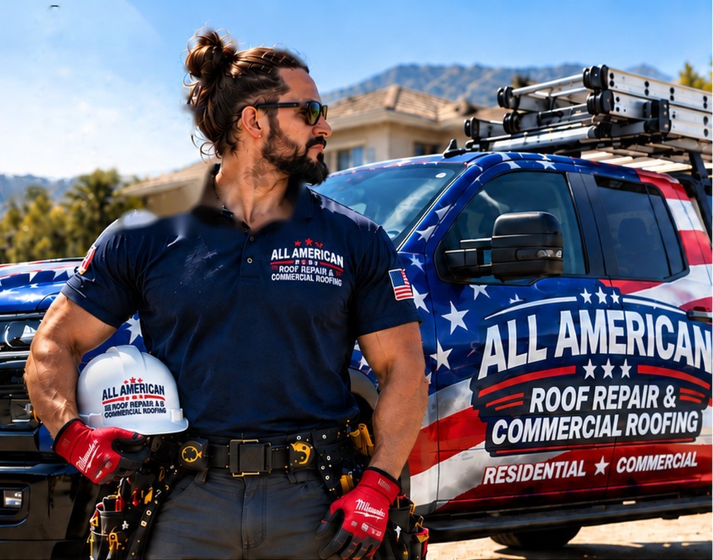 All American Roof Repair & Commercial Roofing crew member with a branded truck, polo and hard hat &mdash; the wrap reads All American Roof Repair & Commercial Roofing, Residential, Commercial, Industrial