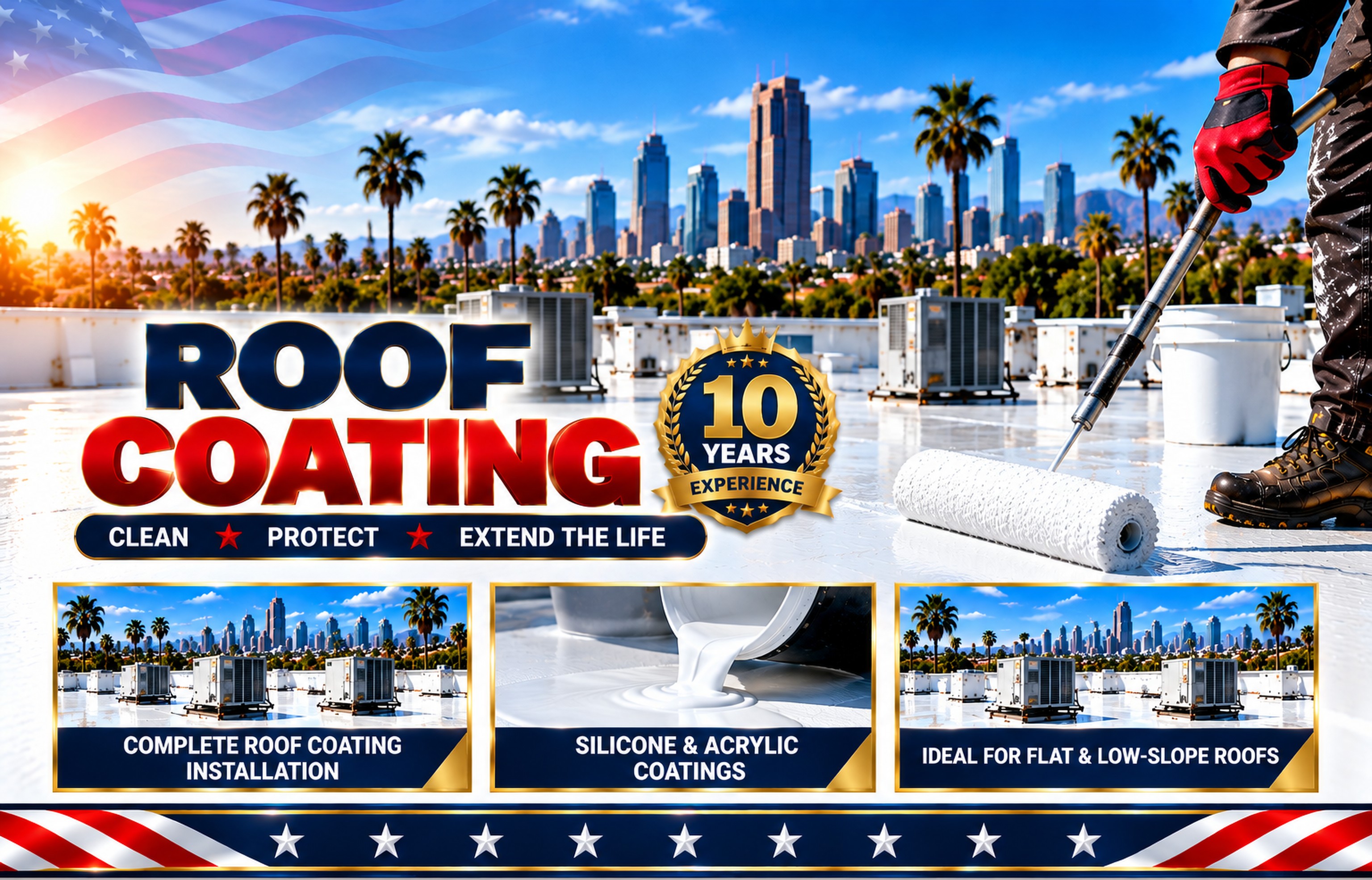 Roofer spraying silicone coating over a flat commercial roof in San Clemente