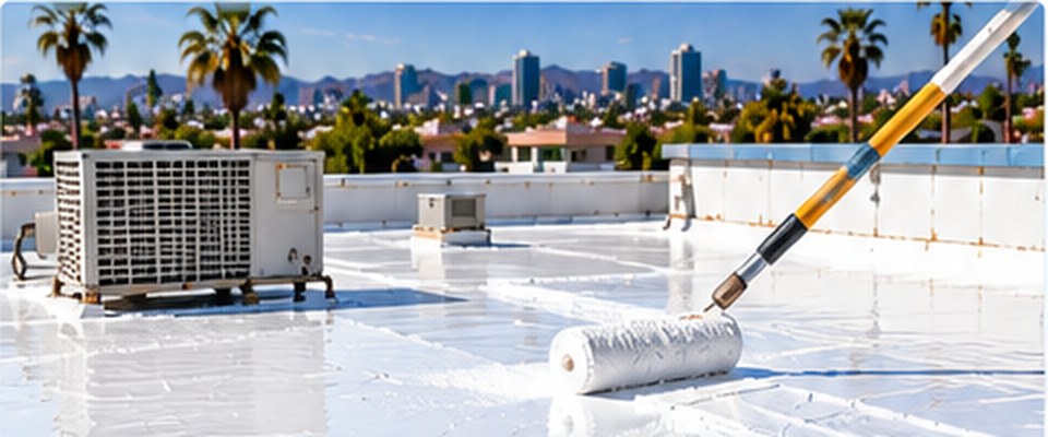 Silicone roof coating rolled over a flat commercial roof