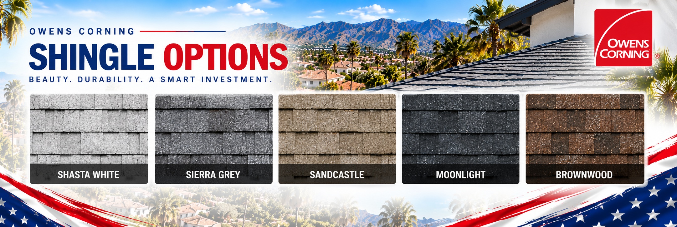 Owens Corning shingle options &mdash; Shasta White, Sierra Grey, Sandcastle, Moonlight and Brownwood &mdash; Shingle Roofing Dogpatch