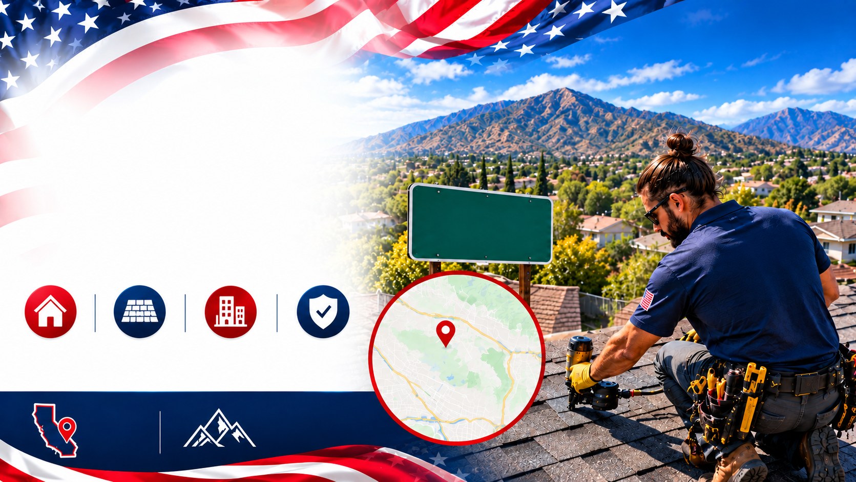 All American Roof Repair roofer installing shingles on a Sunland, CA home with the San Gabriel Mountains behind &mdash; Sunland Roofing