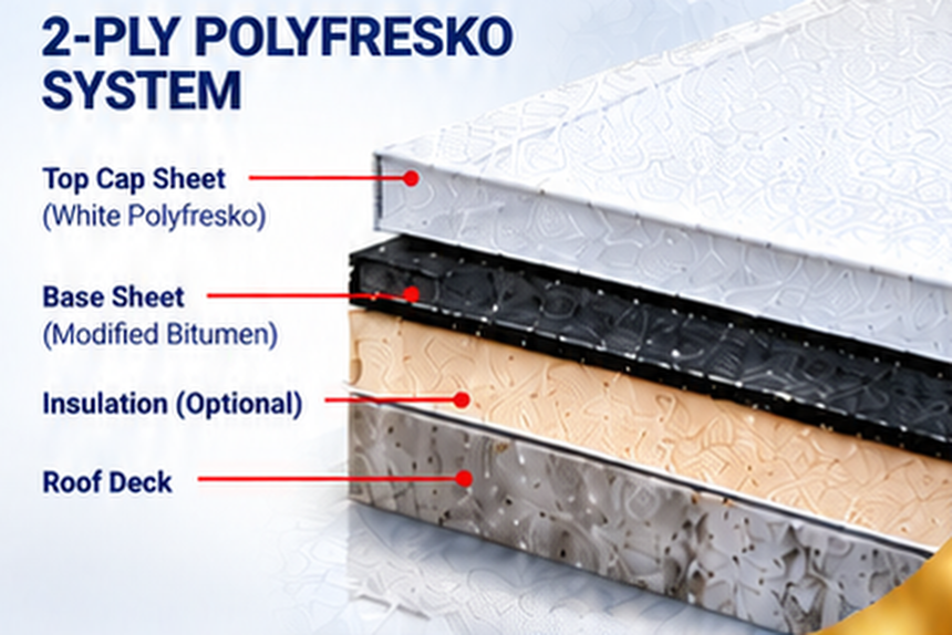 White Polyfresko system: white Polyfresko top cap sheet, modified bitumen base sheet, optional insulation and roof deck &mdash; Rancho Santa Fe Roofing