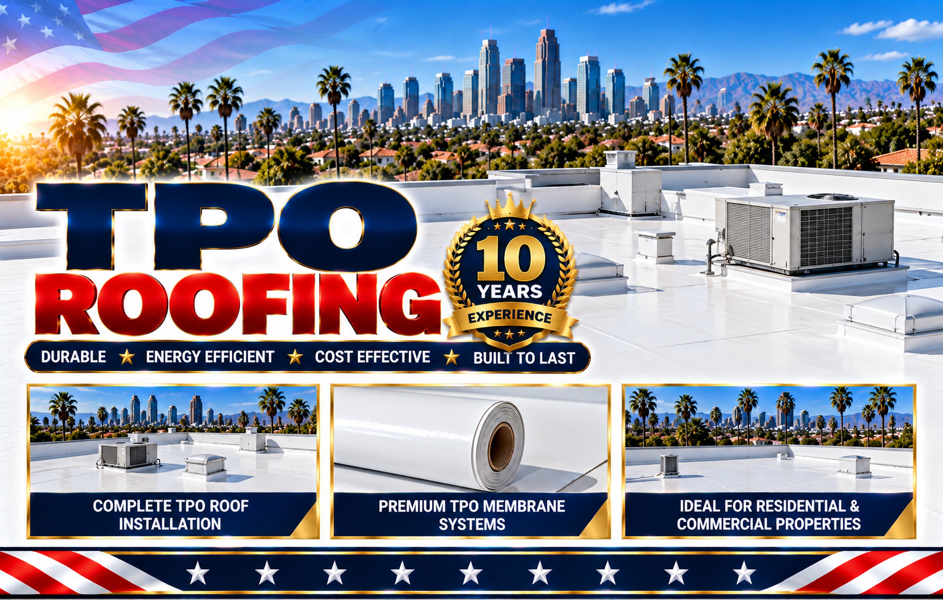 TPO membrane roof with rooftop HVAC units and the Sunland skyline &mdash; TPO Roofing Sunland