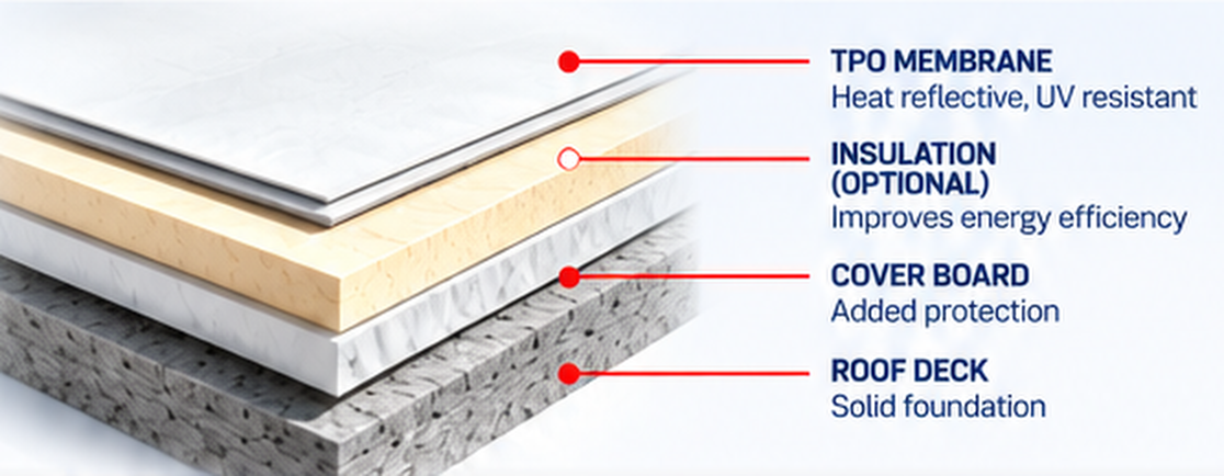 TPO roofing system layers: membrane, optional insulation, cover board and roof deck &mdash; TPO Roofing Sunland