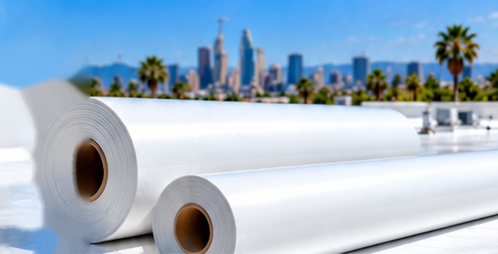 Rolls of white TPO membrane on a flat roof &mdash; TPO Roofing Sunland